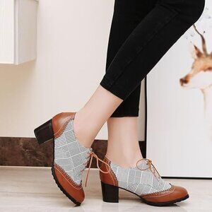 Oxfords Stacked Chunky High Heels Pumps Vintage Round Toe Brogues Dress Shoes
